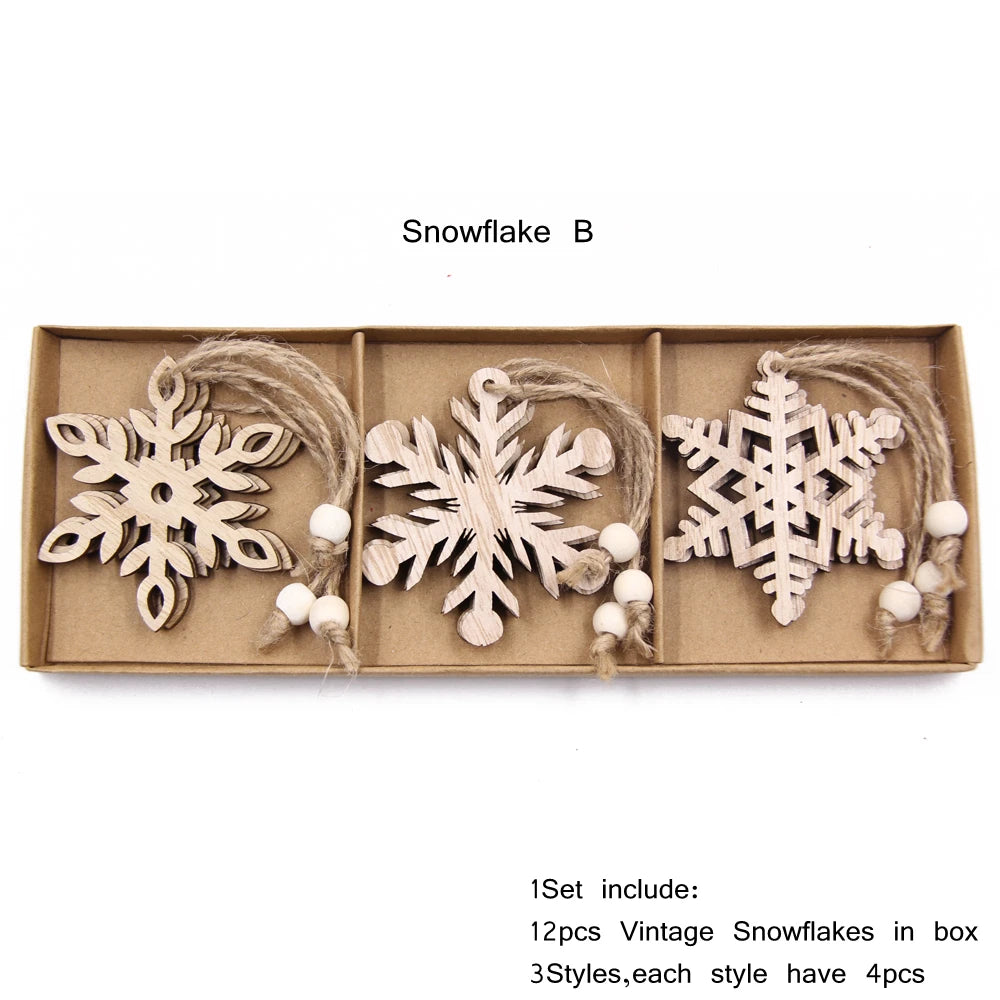 12PCS Wooden Hollow Snowflake Christmas Ornaments