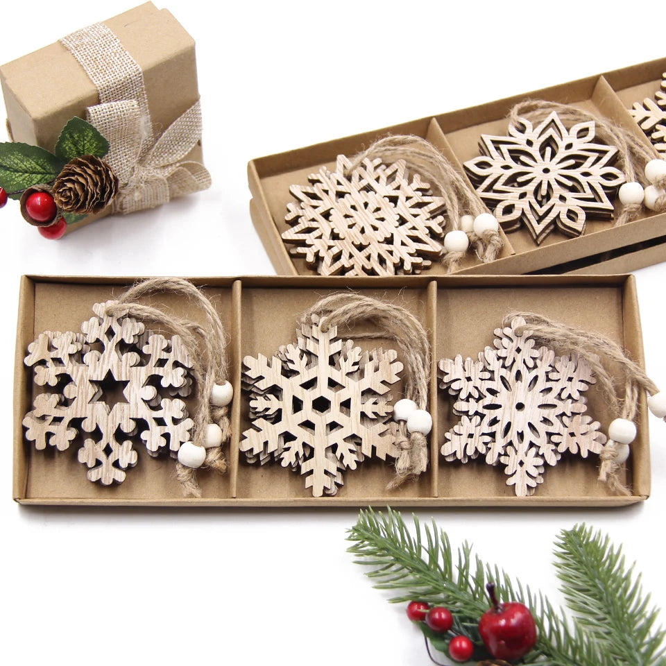 12PCS Wooden Hollow Snowflake Christmas Ornaments