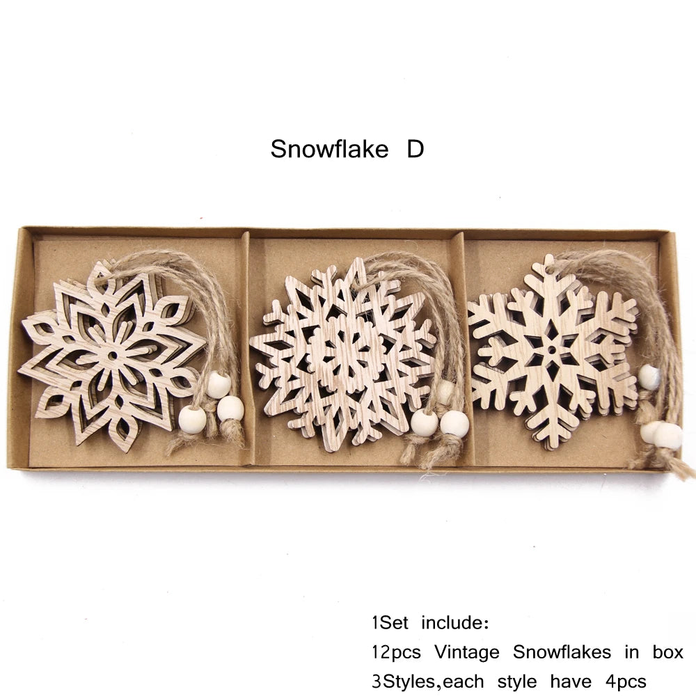 12PCS Wooden Hollow Snowflake Christmas Ornaments
