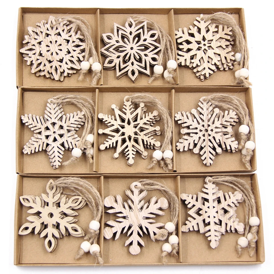 12PCS Wooden Hollow Snowflake Christmas Ornaments