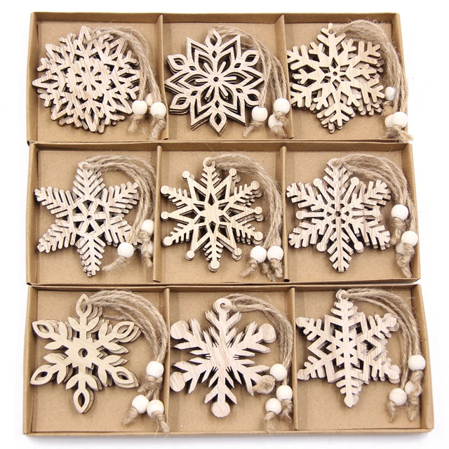 12PCS Wooden Hollow Snowflake Christmas Ornaments