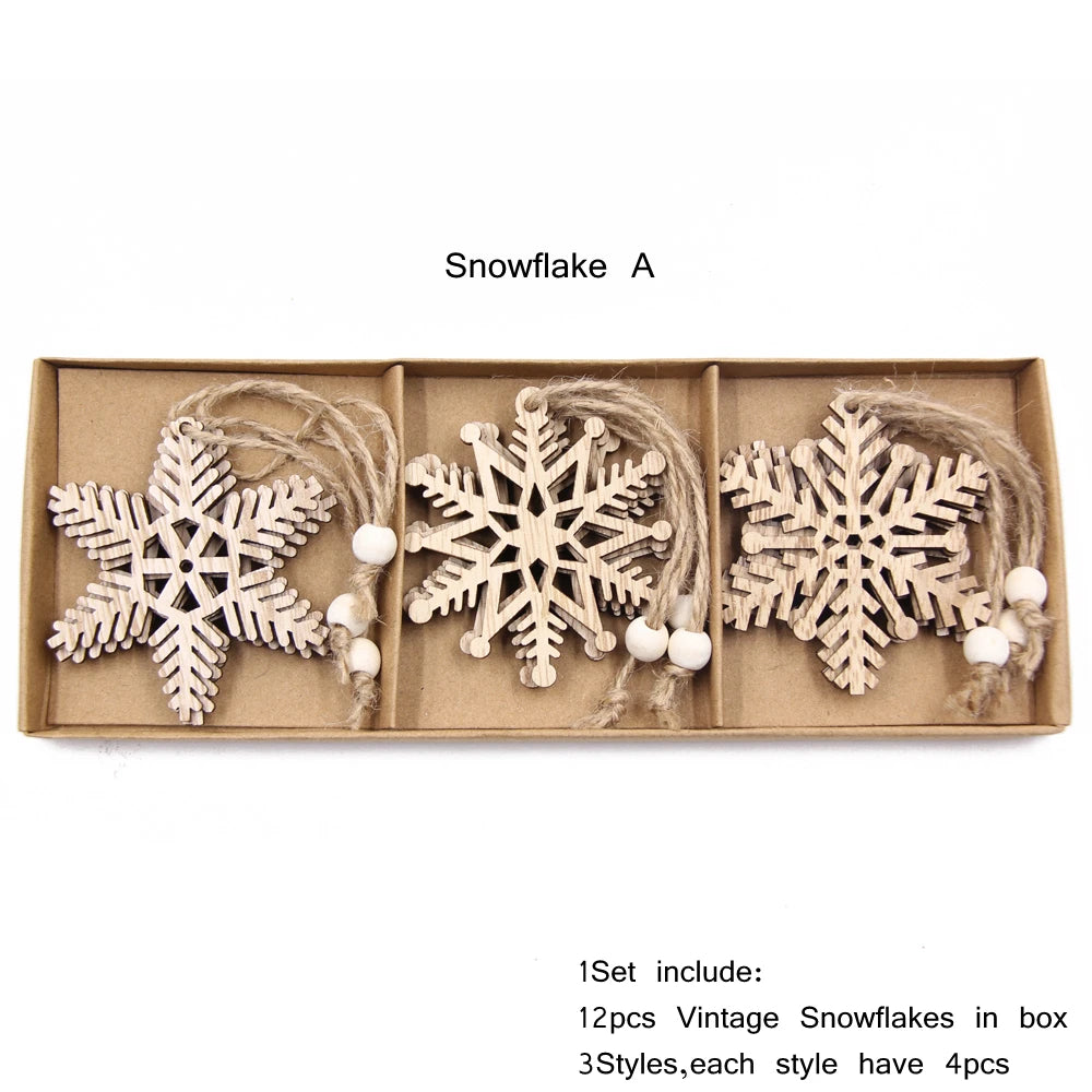 12PCS Wooden Hollow Snowflake Christmas Ornaments