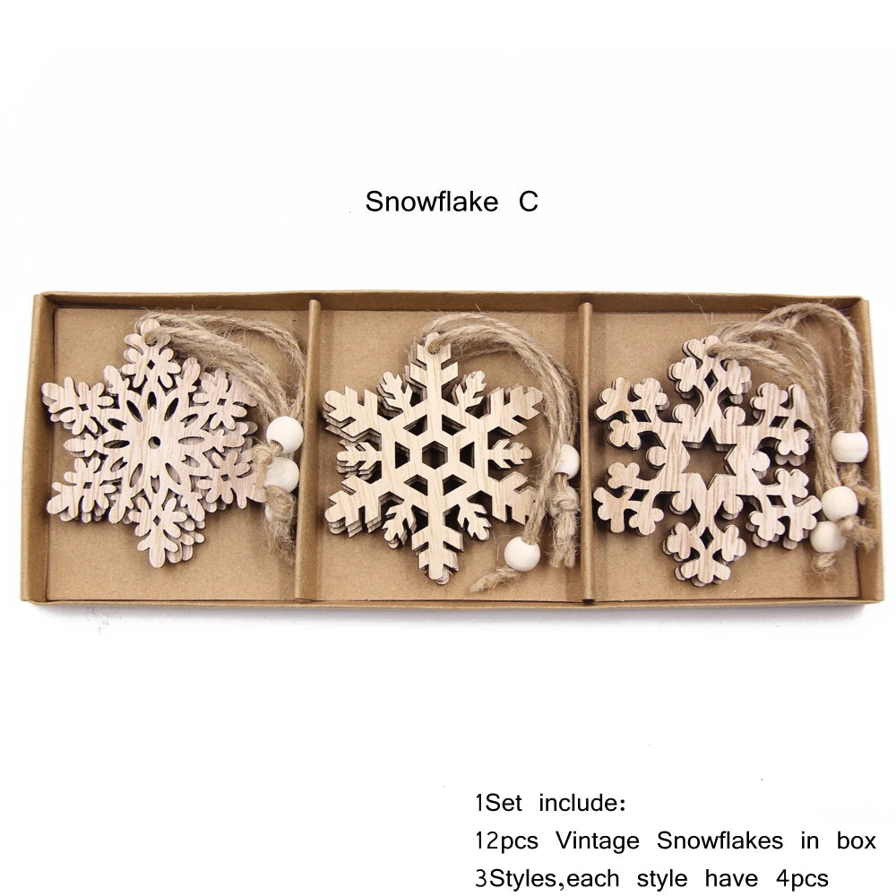 12PCS Wooden Hollow Snowflake Christmas Ornaments