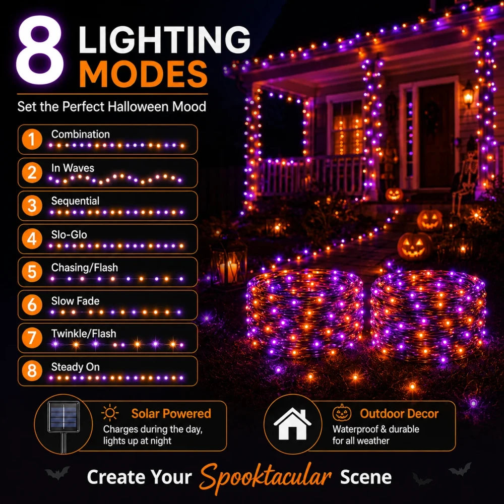 Solar Halloween String Lights – 2-Pack, 72 ft, Purple & Orange, Ships from US