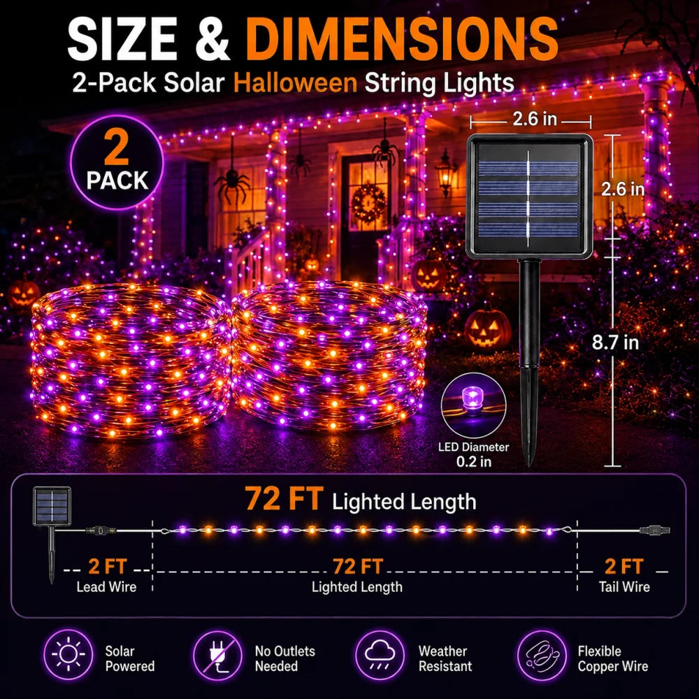 Solar Halloween String Lights – 2-Pack, 72 ft, Purple & Orange, Ships from US