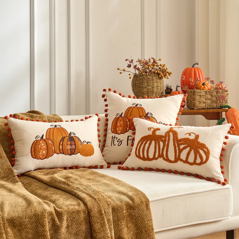 Pumpkin Tufted Velvet Throw Pillow Cover - Autumn Design