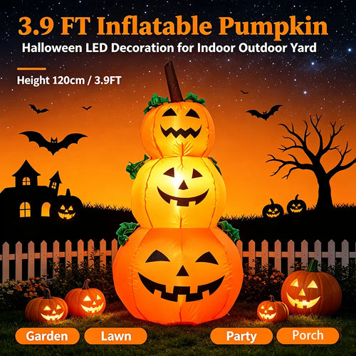Glowing Stacked Pumpkins Inflatable - 3.9 ft with LED Lights, Ships from US