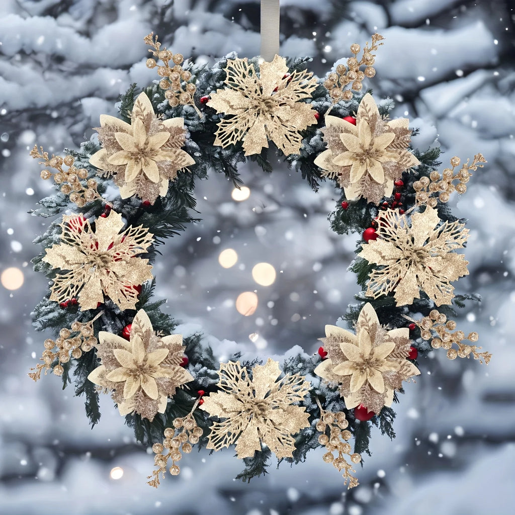 Glitter Christmas Flowers and Berry Picks - 18 Pieces