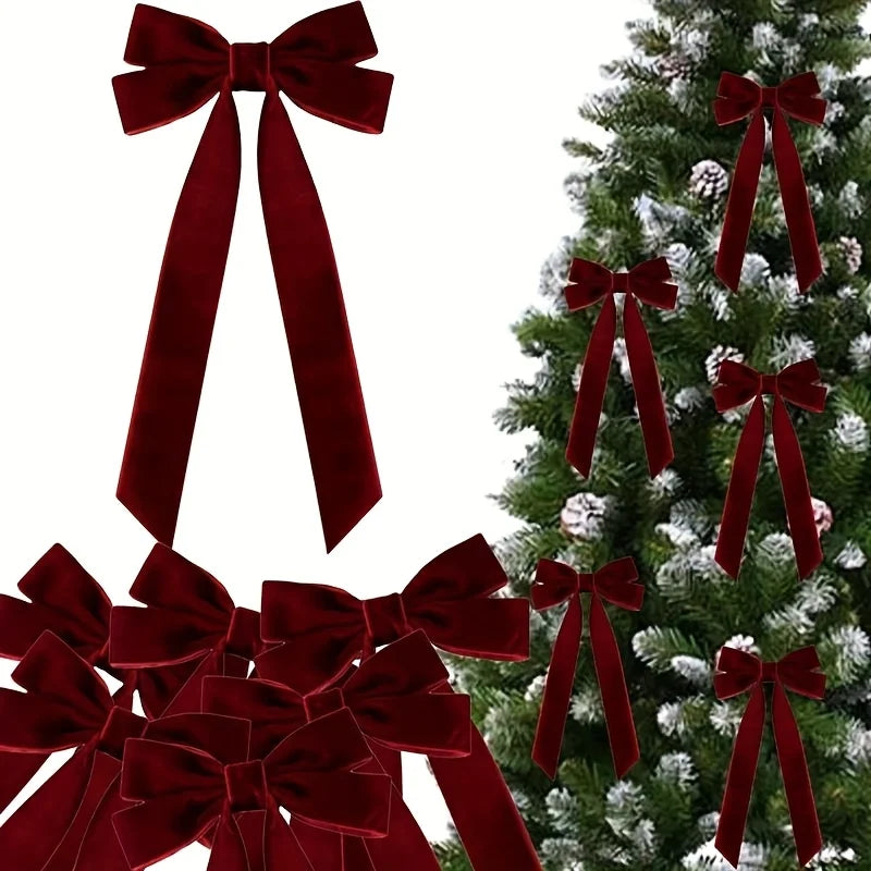 10 Red Velvet Christmas Tree Bows - Glossy Finish