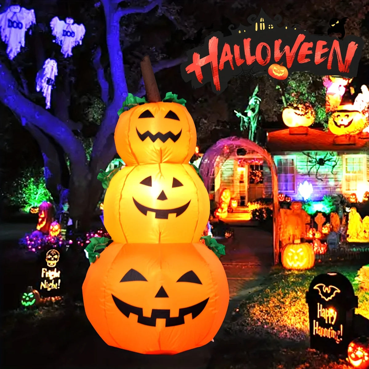Glowing Stacked Pumpkins Inflatable - 3.9 ft with LED Lights, Ships from US