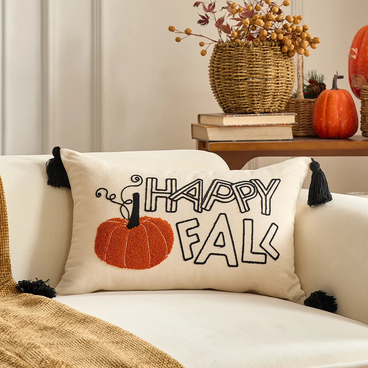 Pumpkin Tufted Velvet Throw Pillow Cover - Autumn Design