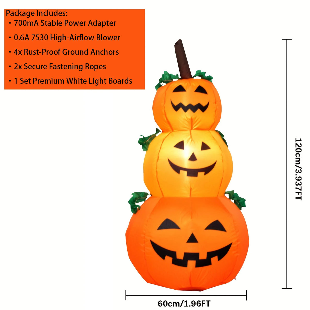 Glowing Stacked Pumpkins Inflatable - 3.9 ft with LED Lights, Ships from US