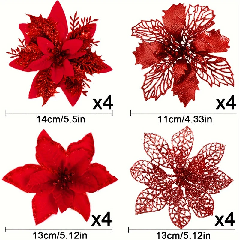 Glitter Christmas Tree Flowers - 8 or 16 Pieces