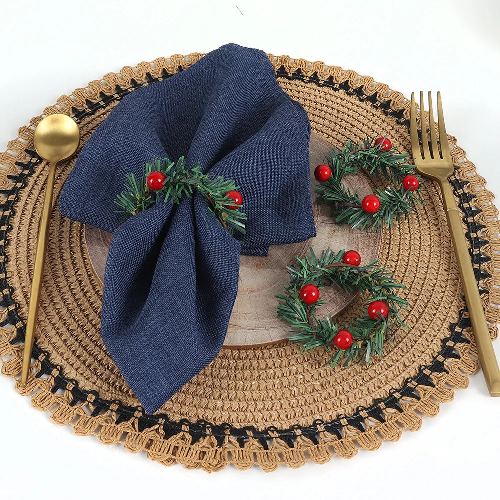 6 Pcs Red Berry and Pine Needle Napkin Rings