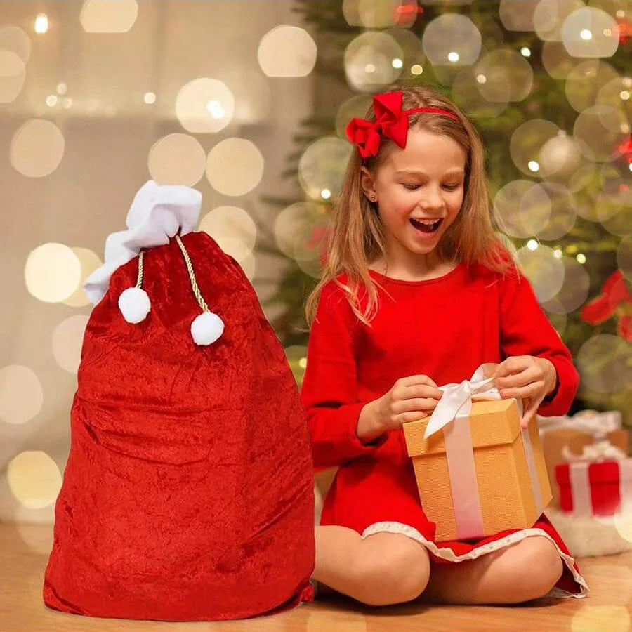 Large Red Velvet Christmas Gift Sack with White Pompom