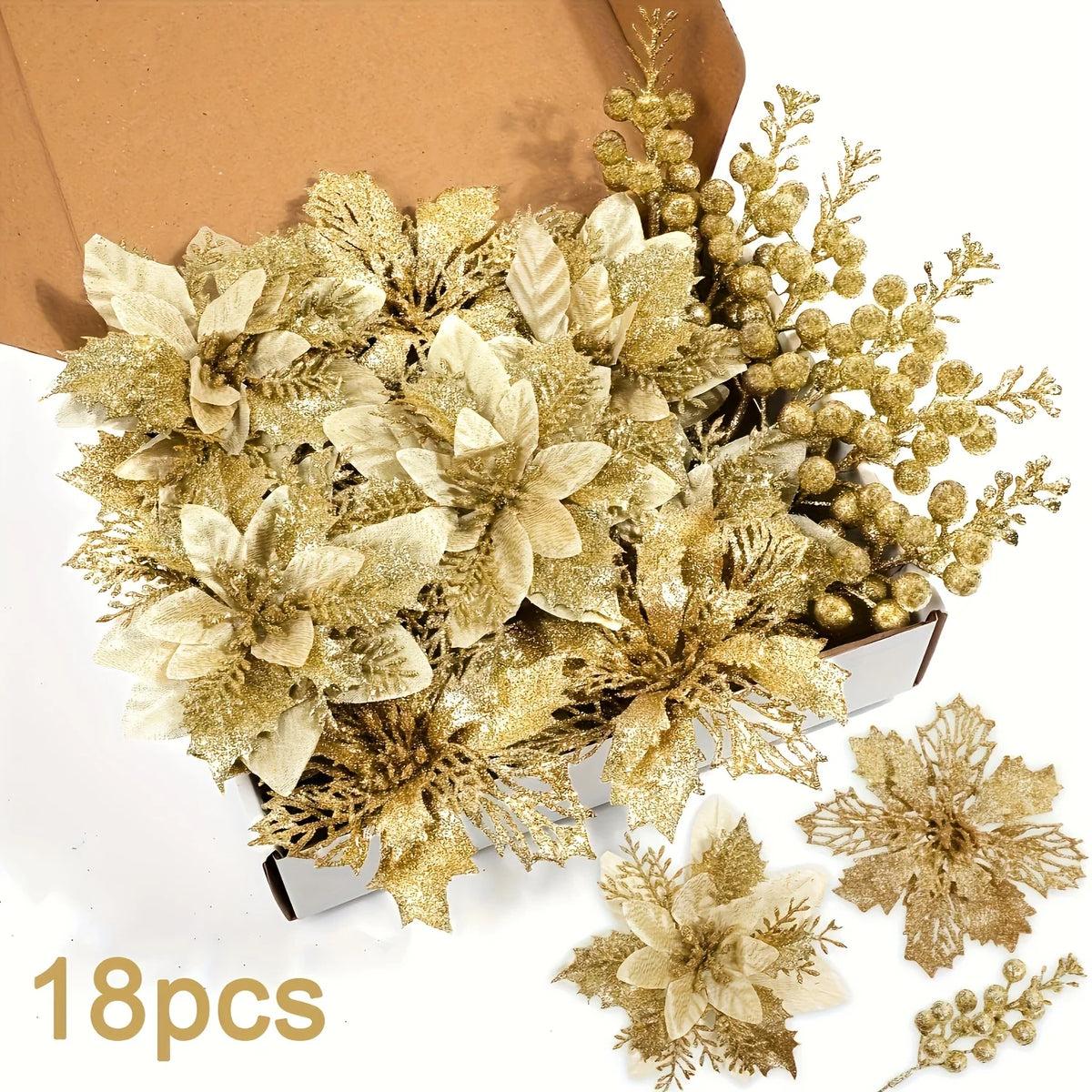 Glitter Christmas Flowers and Berry Picks - 18 Pieces