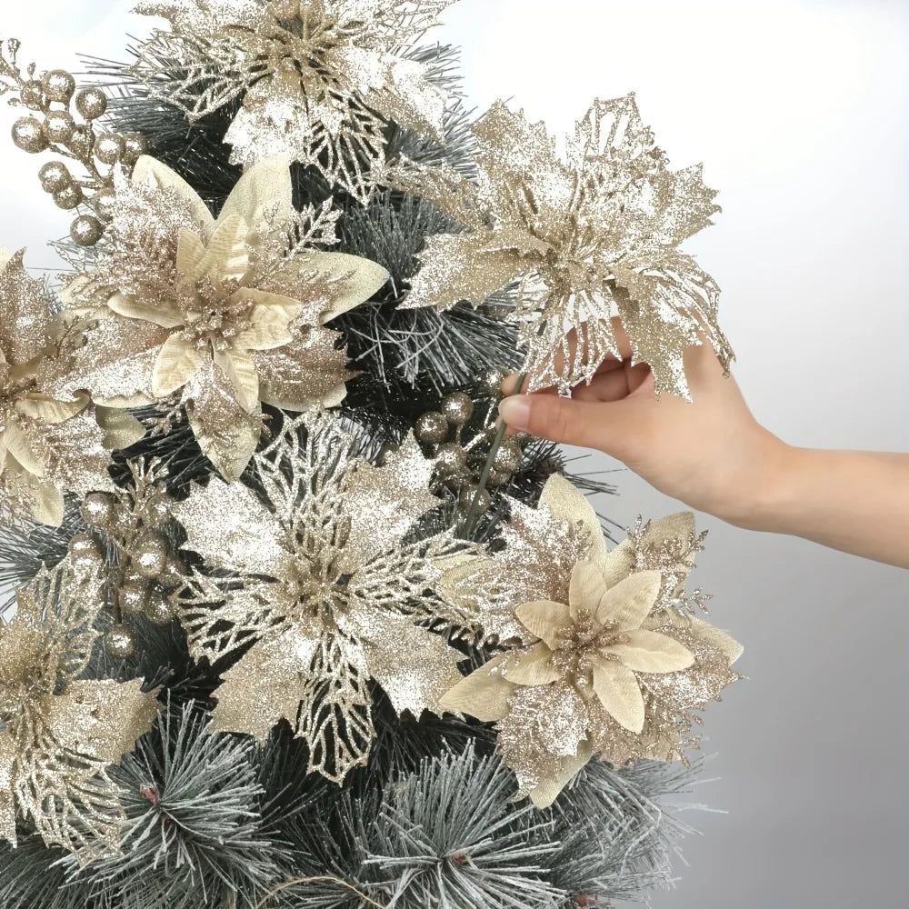 Glitter Christmas Flowers and Berry Picks - 18 Pieces