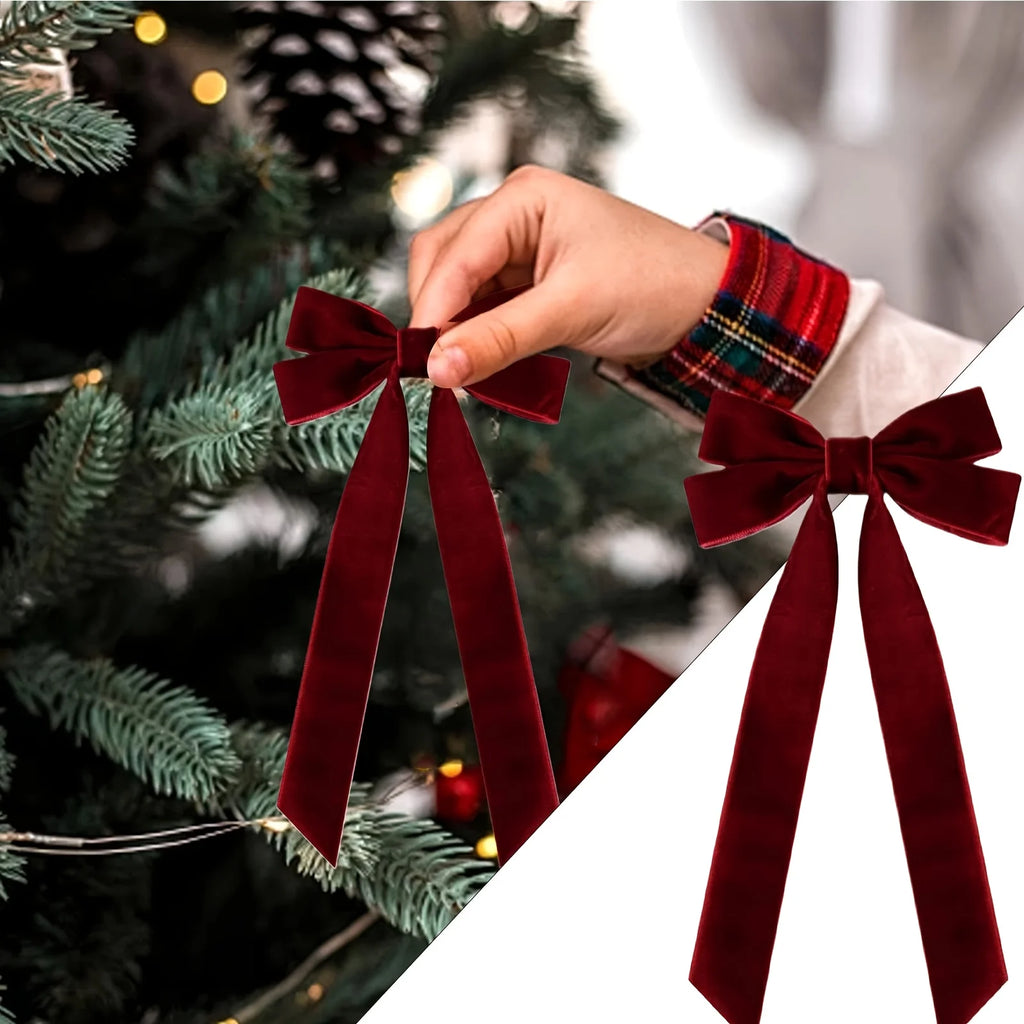 10 Red Velvet Christmas Tree Bows - Glossy Finish