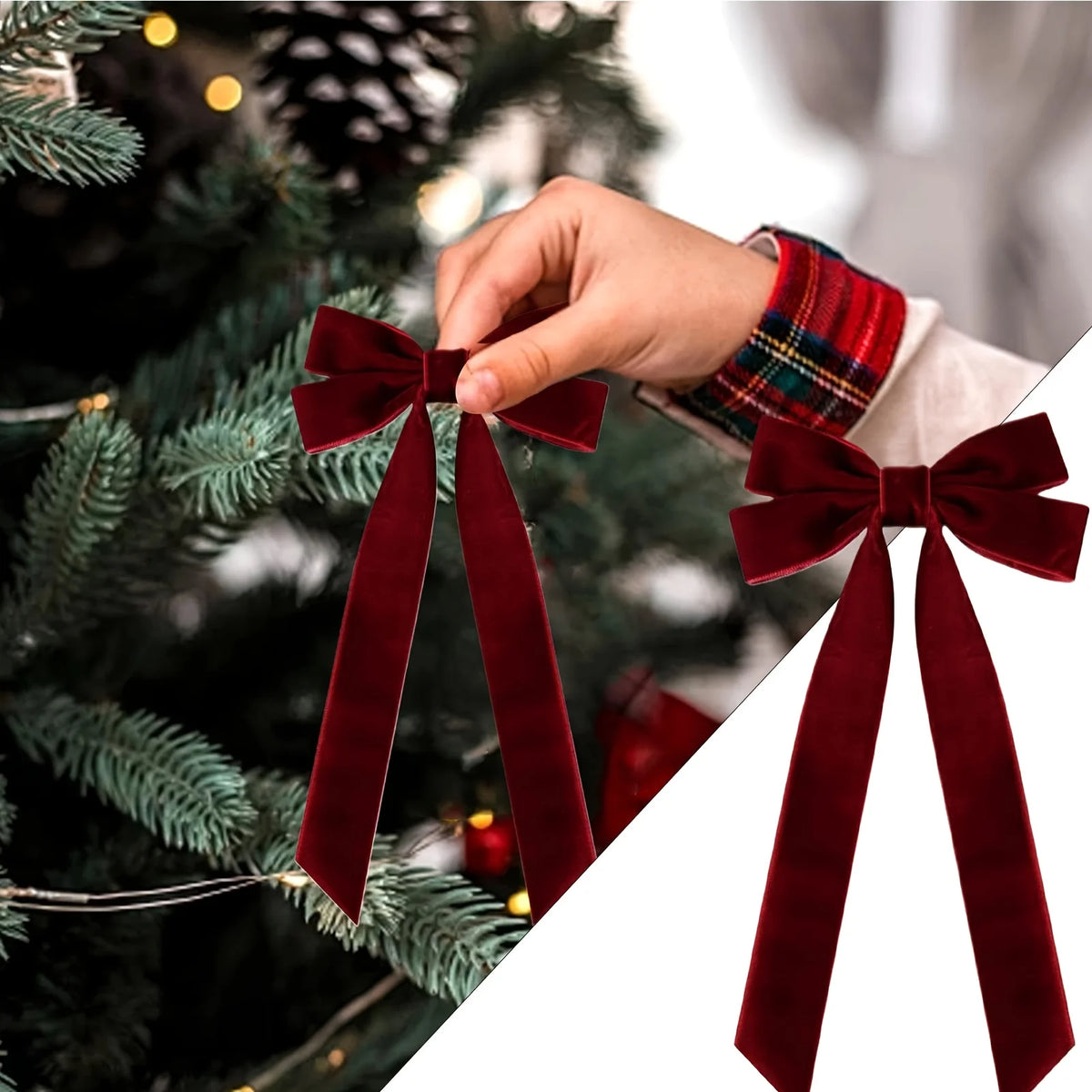 10 Red Velvet Christmas Tree Bows - Glossy Finish