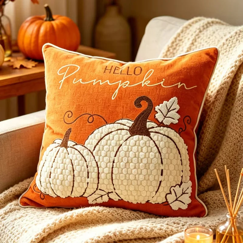 Pumpkin Tufted Velvet Throw Pillow Cover - Autumn Design