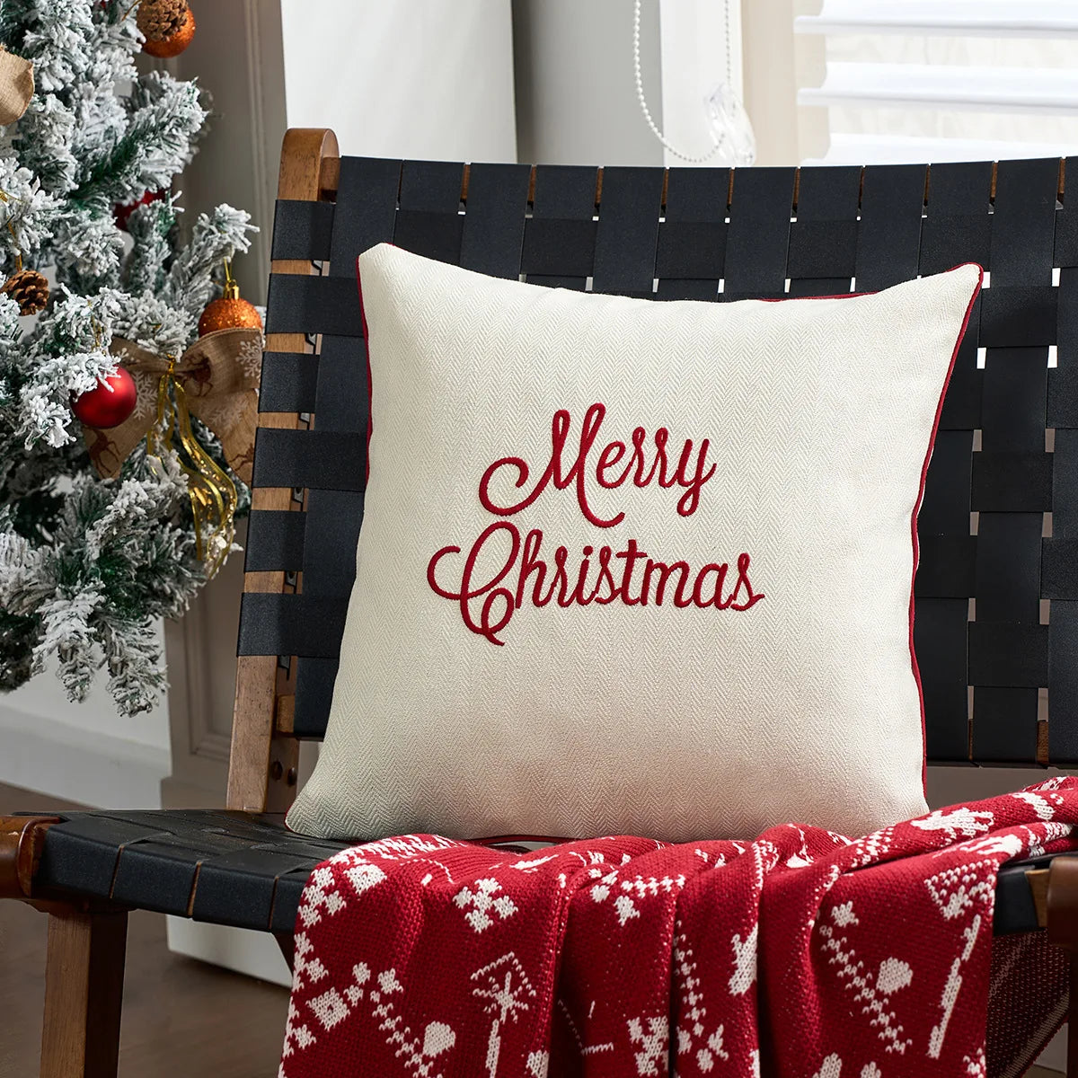 Embroidered Merry Christmas Throw Pillow Case Cover