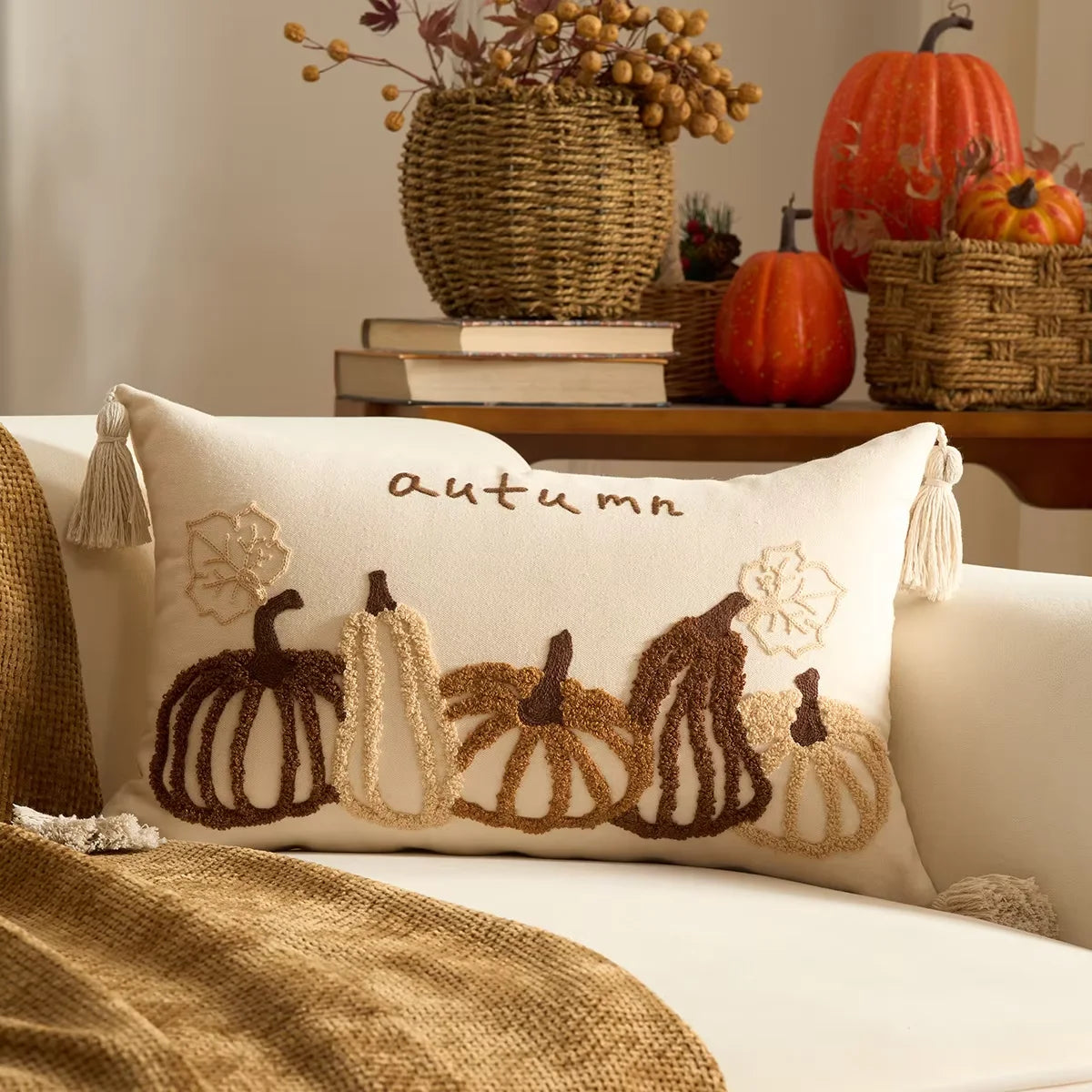 Pumpkin Tufted Velvet Throw Pillow Cover - Autumn Design