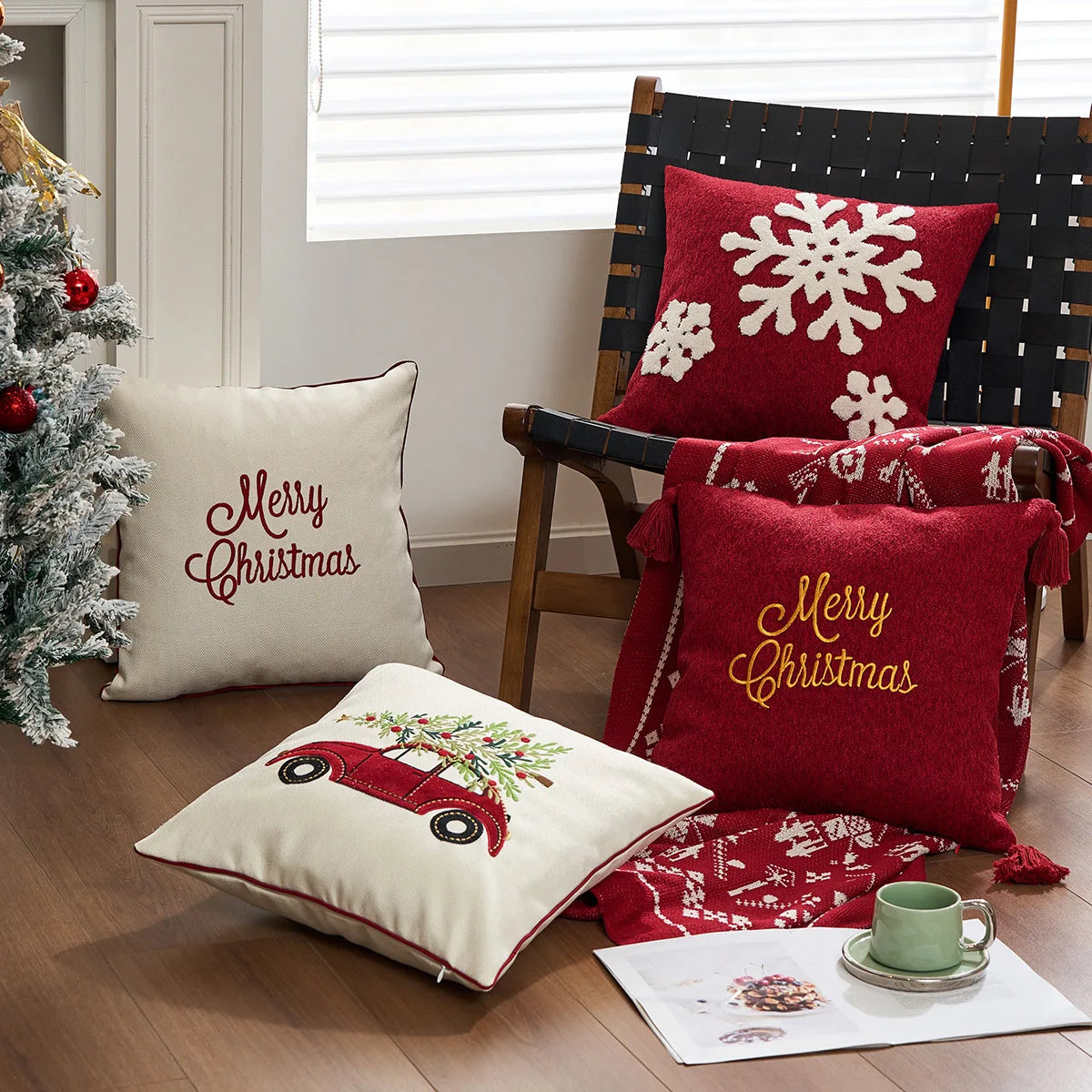 Embroidered Merry Christmas Throw Pillow Case Cover