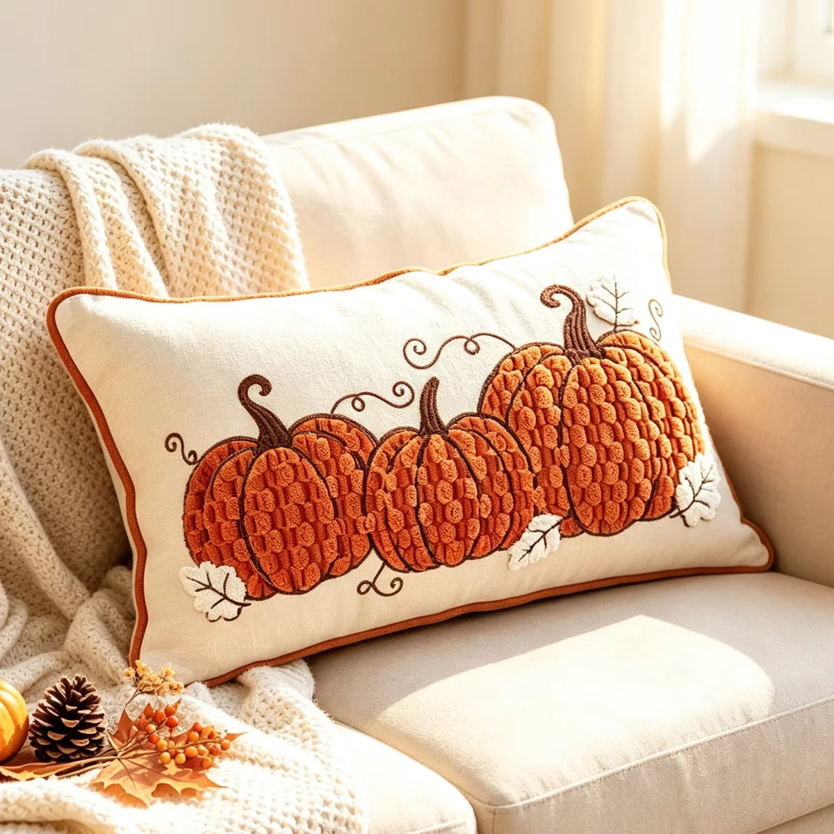 Pumpkin Tufted Velvet Throw Pillow Cover - Autumn Design