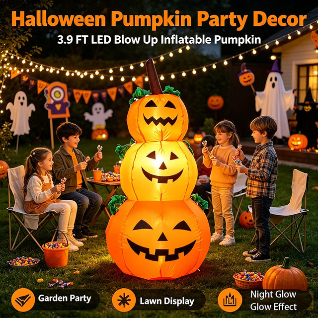 Glowing Stacked Pumpkins Inflatable - 3.9 ft with LED Lights, Ships from US