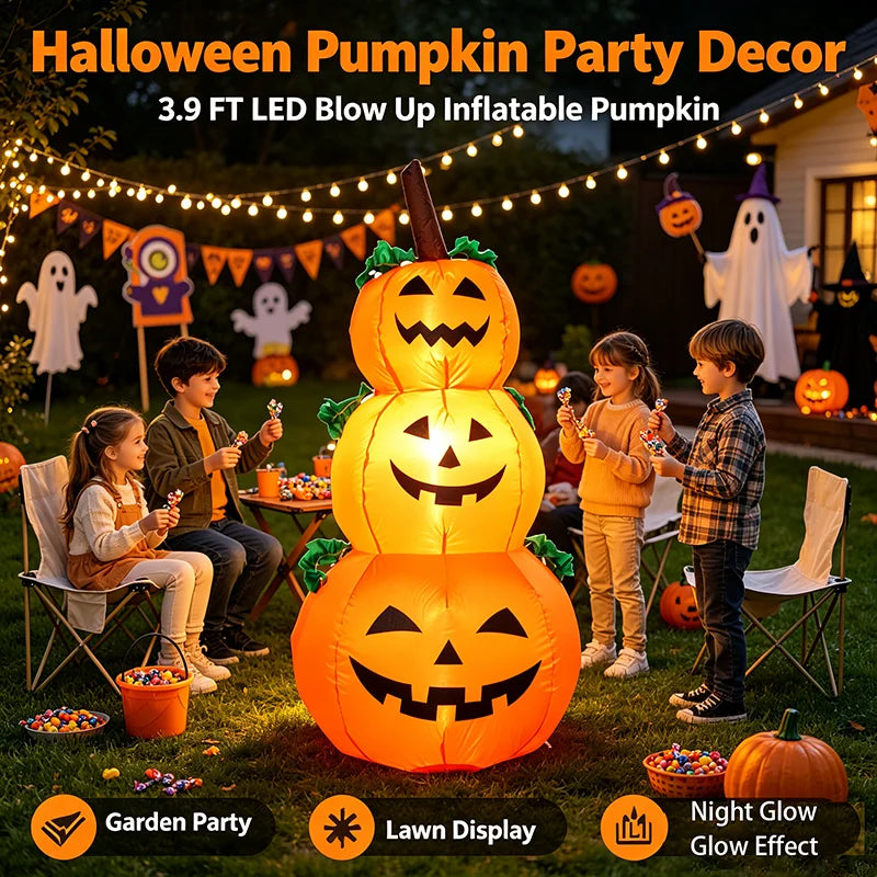 Glowing Stacked Pumpkins Inflatable - 3.9 ft with LED Lights, Ships from US