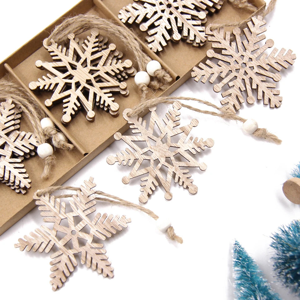 12PCS Wooden Hollow Snowflake Christmas Ornaments