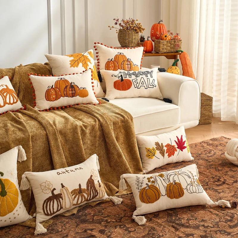 Pumpkin Tufted Velvet Throw Pillow Cover - Autumn Design