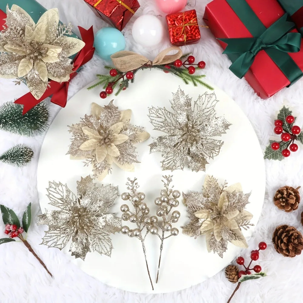Glitter Christmas Flowers and Berry Picks - 18 Pieces