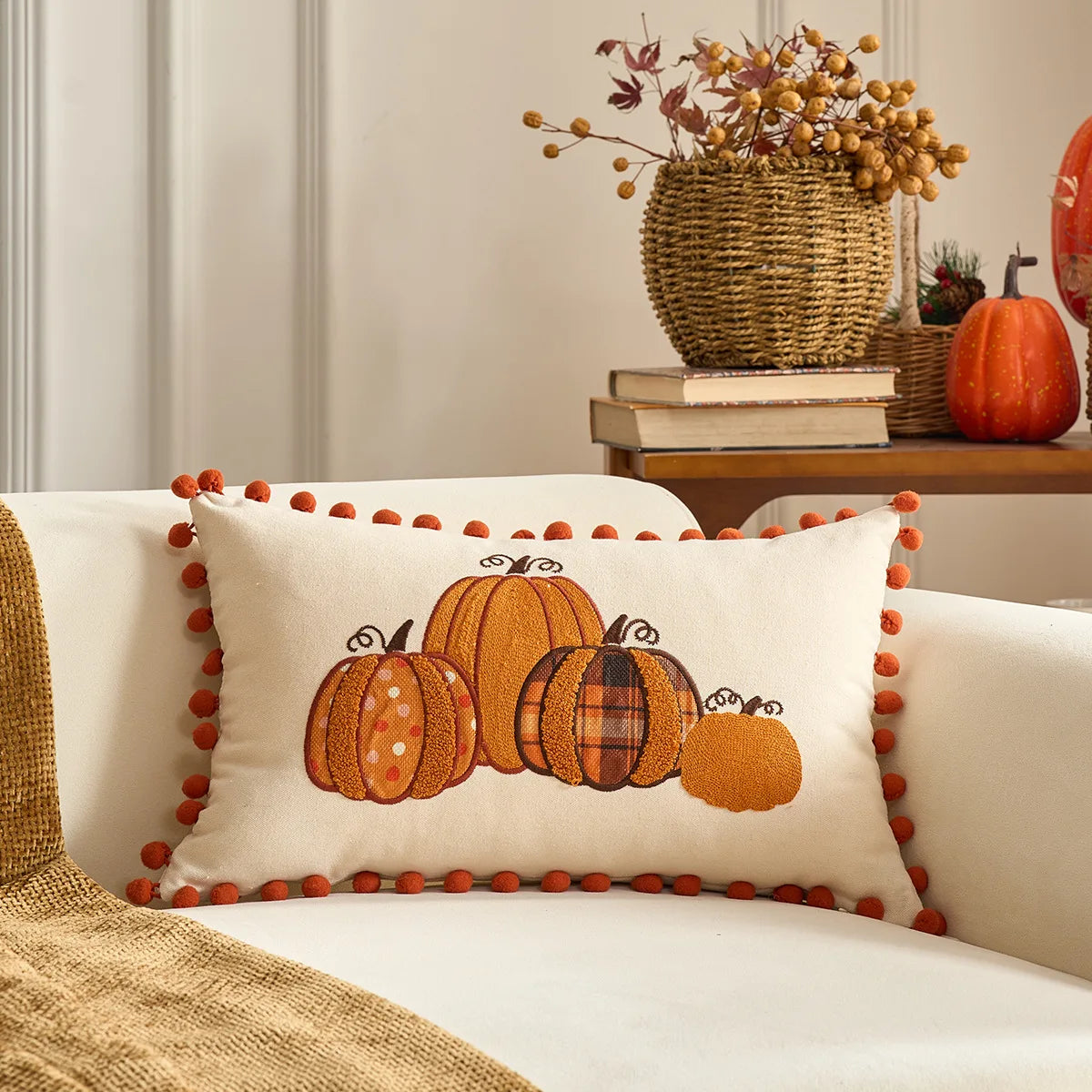 Pumpkin Tufted Velvet Throw Pillow Cover - Autumn Design