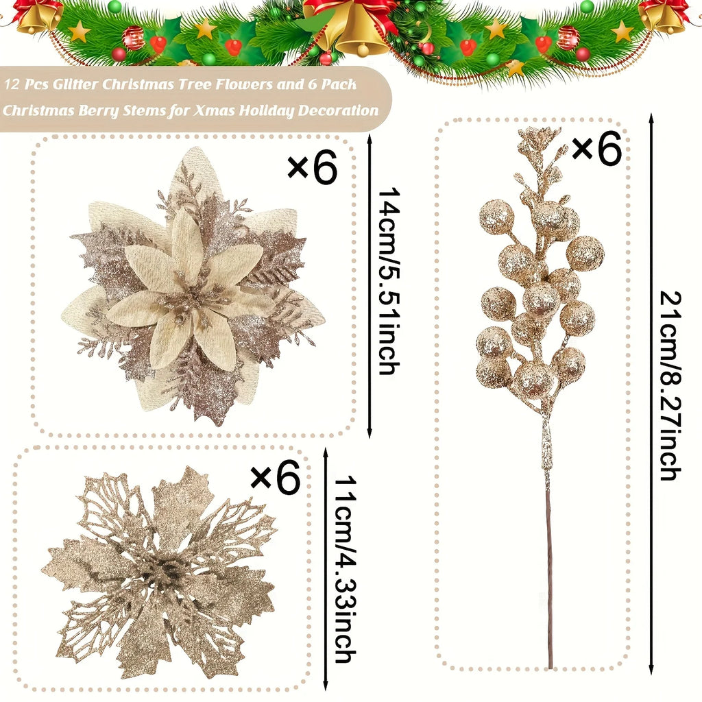 Glitter Christmas Flowers and Berry Picks - 18 Pieces