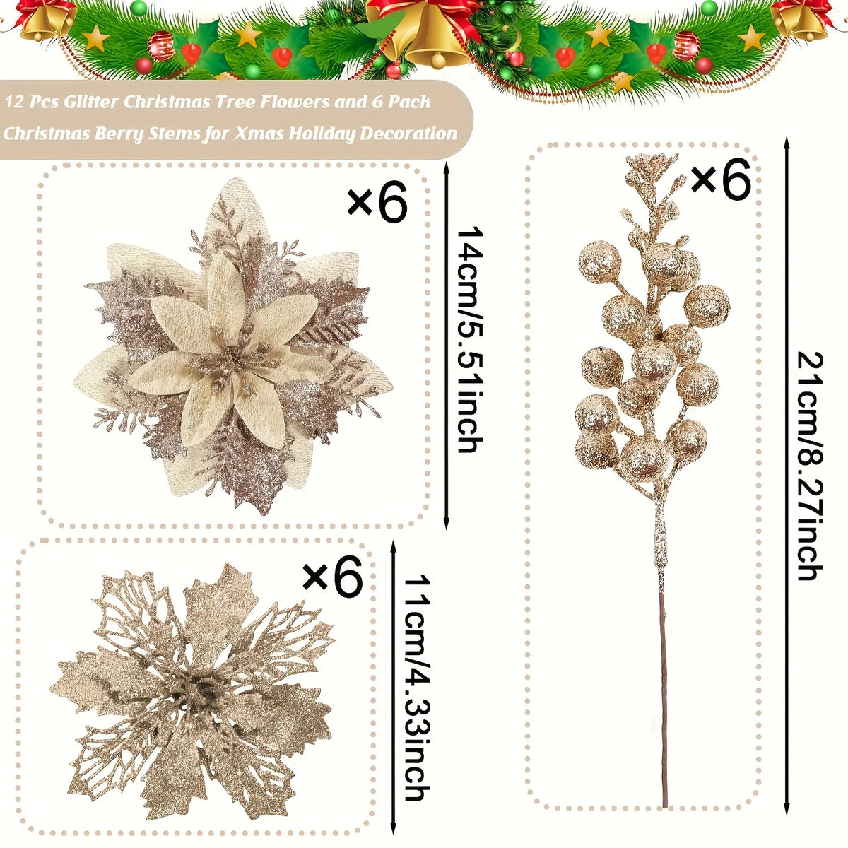 Glitter Christmas Flowers and Berry Picks - 18 Pieces