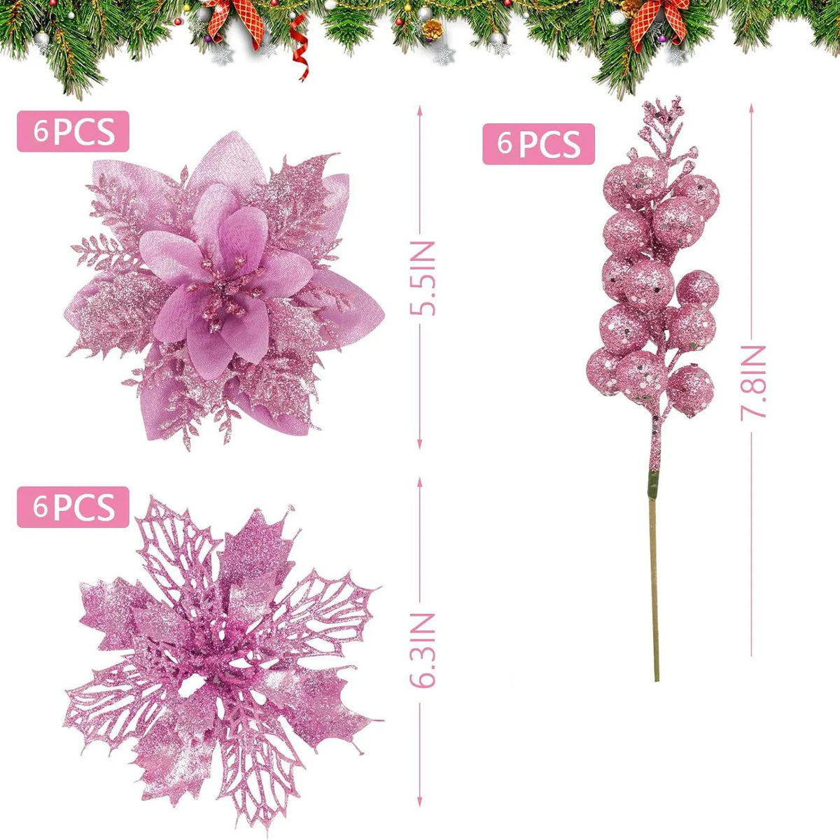 Glitter Christmas Flowers and Berry Picks - 18 Pieces