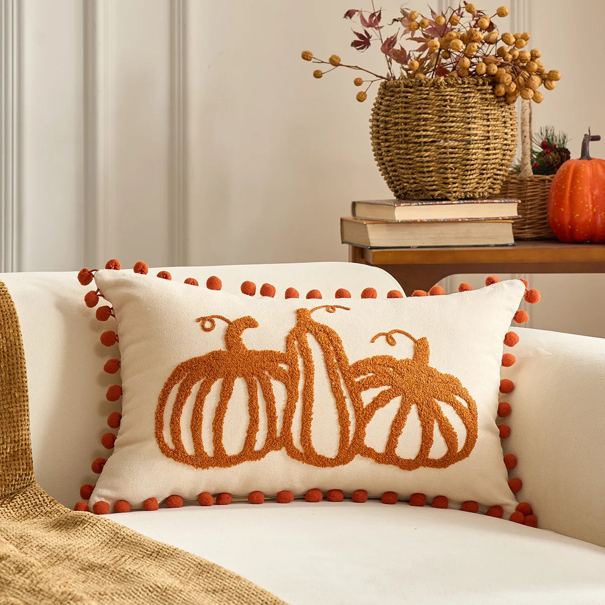 Pumpkin Tufted Velvet Throw Pillow Cover - Autumn Design