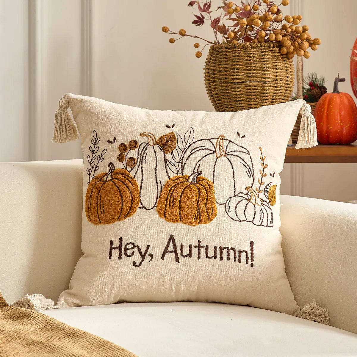 Pumpkin Tufted Velvet Throw Pillow Cover - Autumn Design