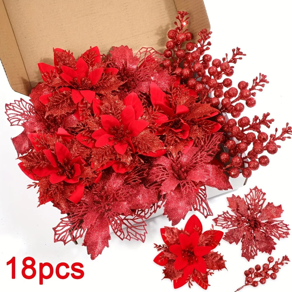 Glitter Christmas Flowers and Berry Picks - 18 Pieces