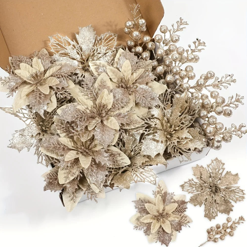 Glitter Christmas Flowers and Berry Picks - 18 Pieces