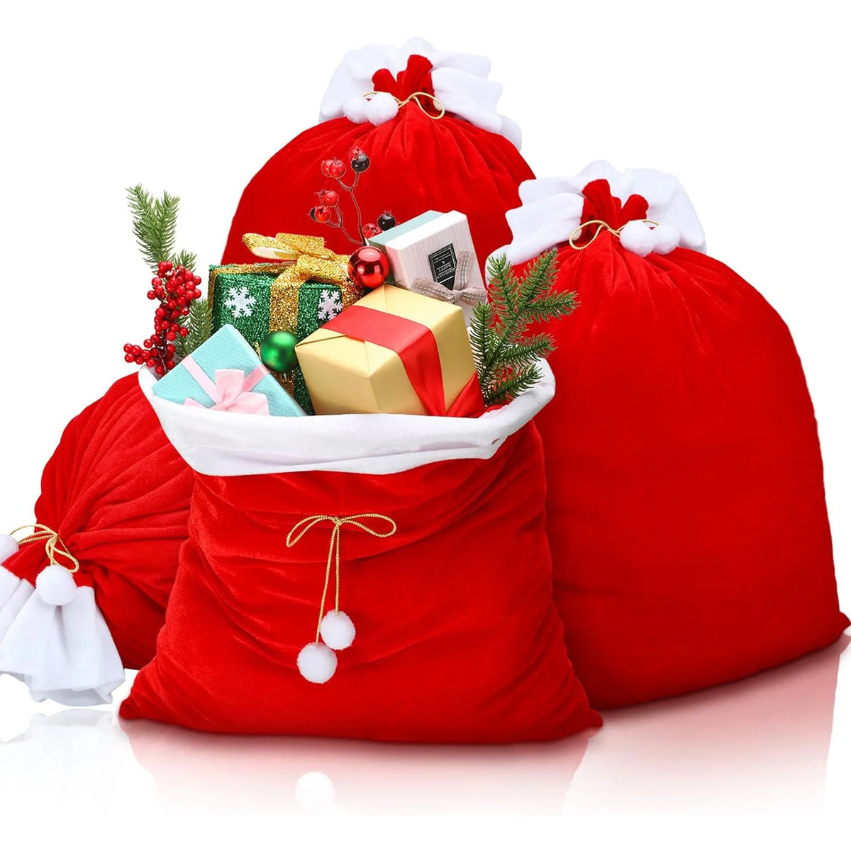 Large Red Velvet Christmas Gift Sack with White Pompom