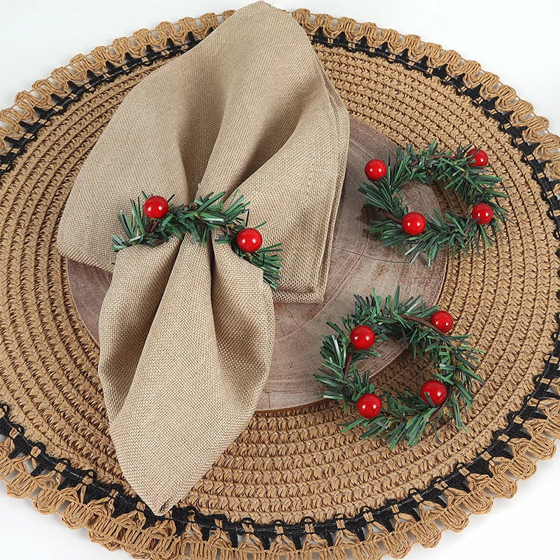 6 Pcs Red Berry and Pine Needle Napkin Rings