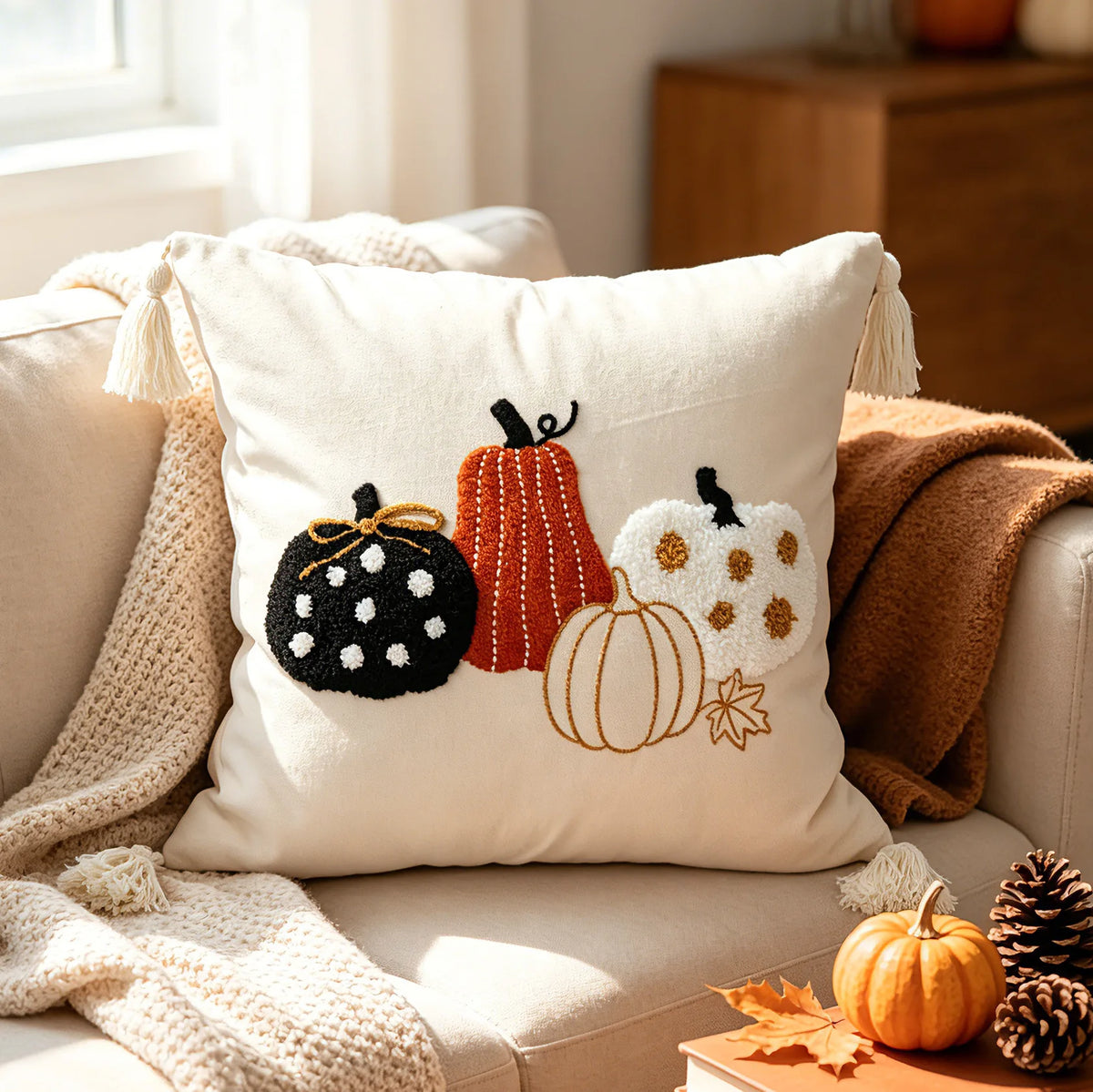 Pumpkin Tufted Velvet Throw Pillow Cover - Autumn Design