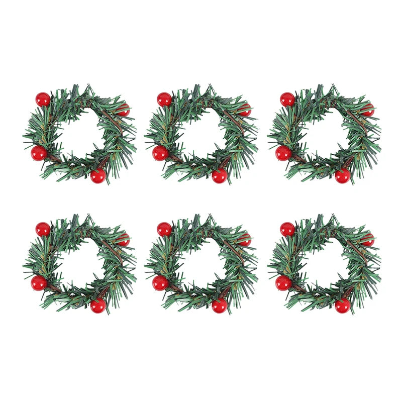 6 Pcs Red Berry and Pine Needle Napkin Rings