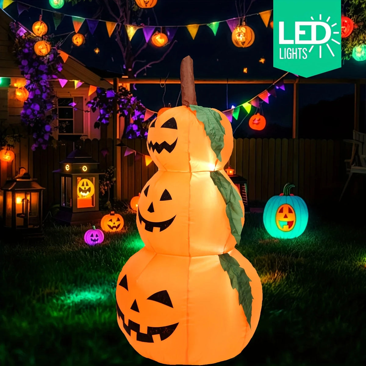 Glowing Stacked Pumpkins Inflatable - 3.9 ft with LED Lights, Ships from US