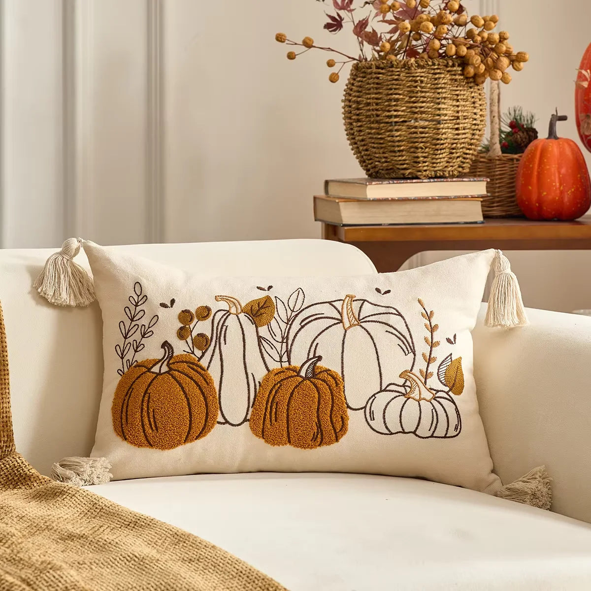 Pumpkin Tufted Velvet Throw Pillow Cover - Autumn Design
