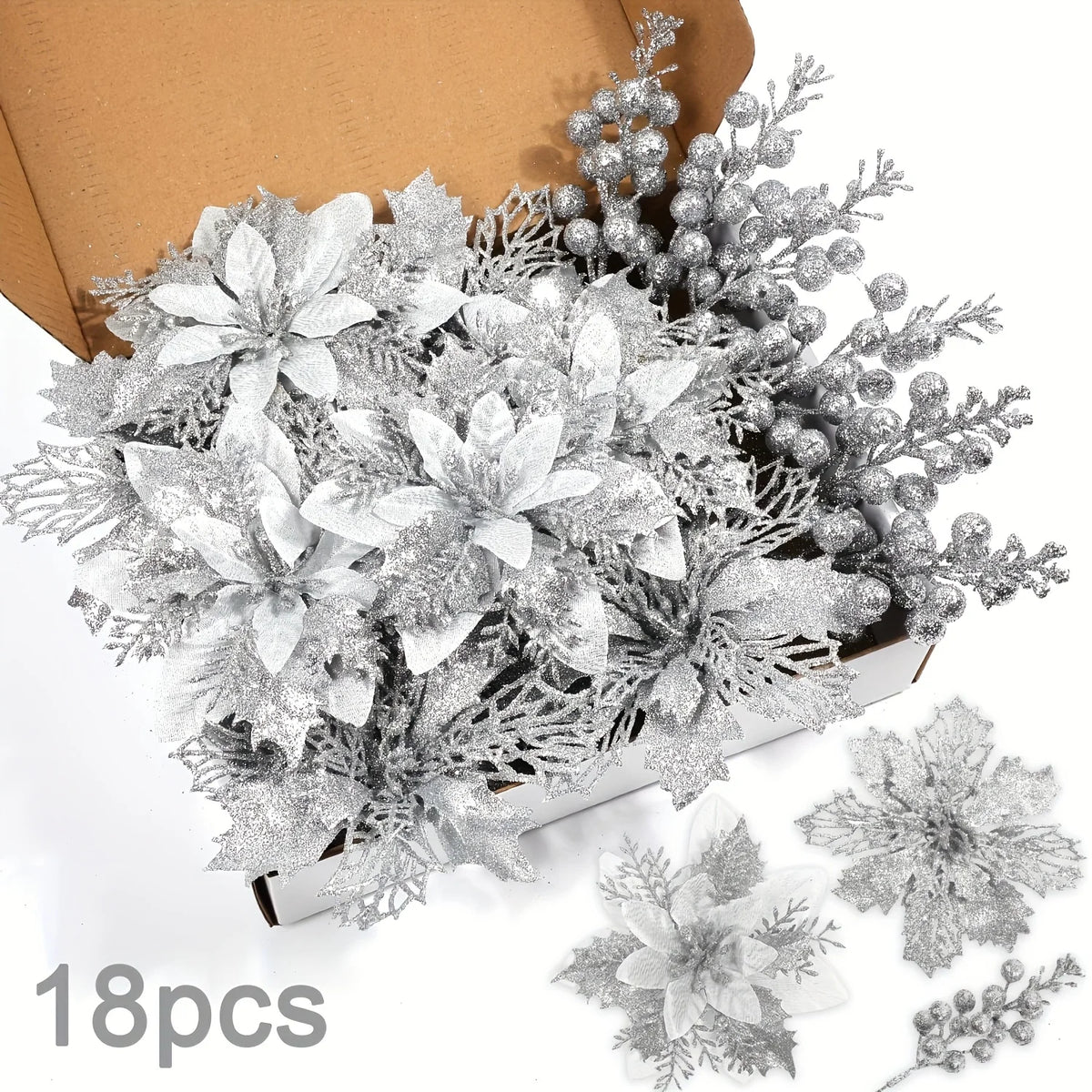 Glitter Christmas Flowers and Berry Picks - 18 Pieces