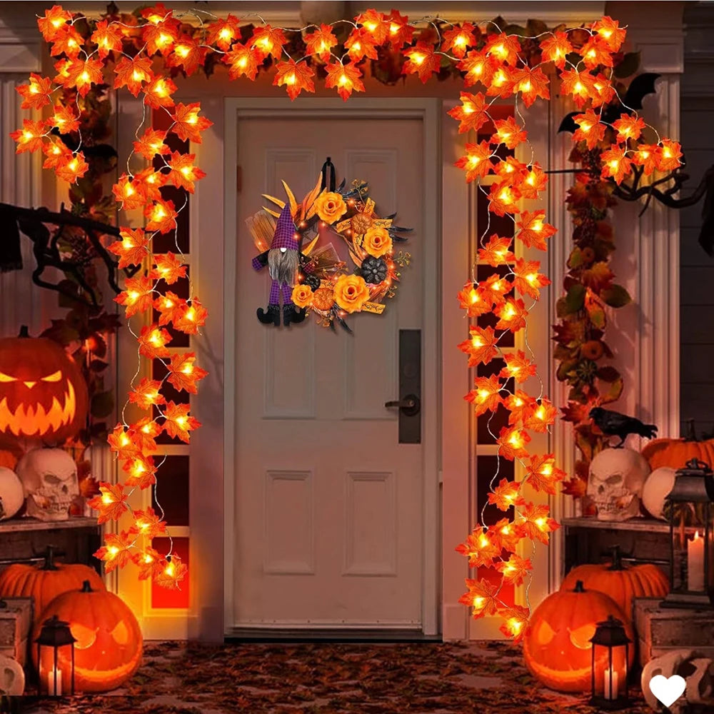 Halloween LED Lights String with Artificial Maple Leaves