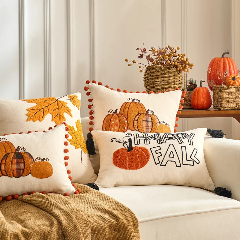 Pumpkin Tufted Velvet Throw Pillow Cover - Autumn Design